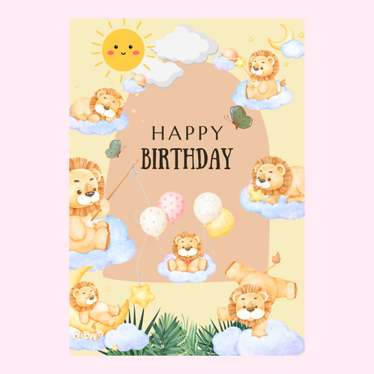 Happy Birthday card with lions, clouds, and sun.
