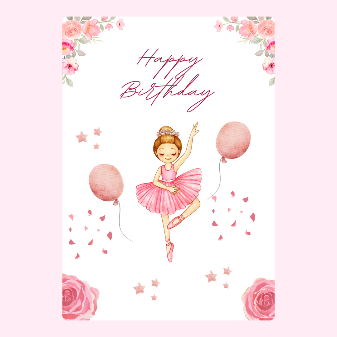 Happy Birthday card with ballerina and balloons, watercolor design.