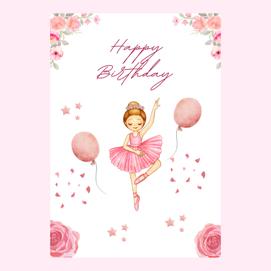 Happy Birthday card with ballerina and balloons, watercolor design.