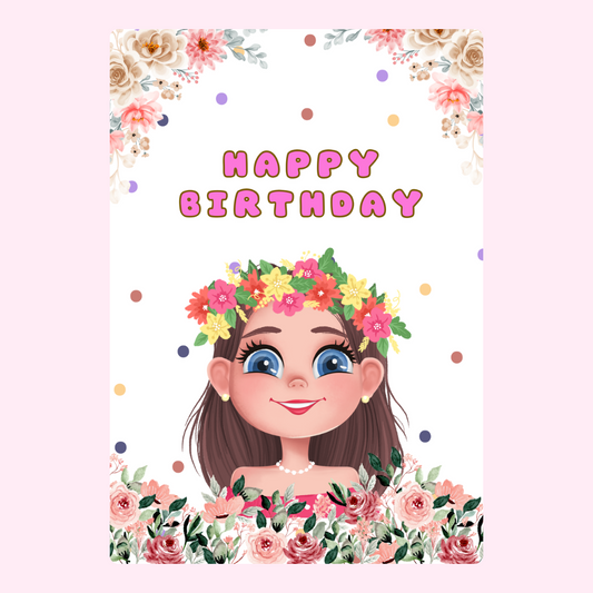 Happy Birthday card with girl and flowers