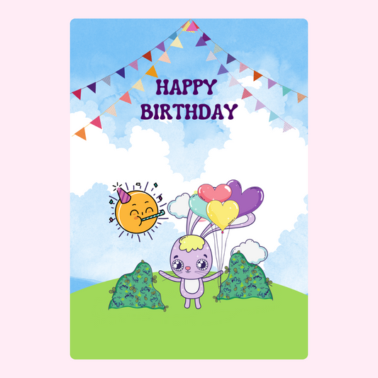 Happy Birthday card design featuring bunny and balloons.