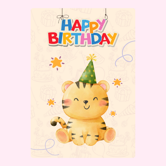 Happy birthday card with cute tiger illustration