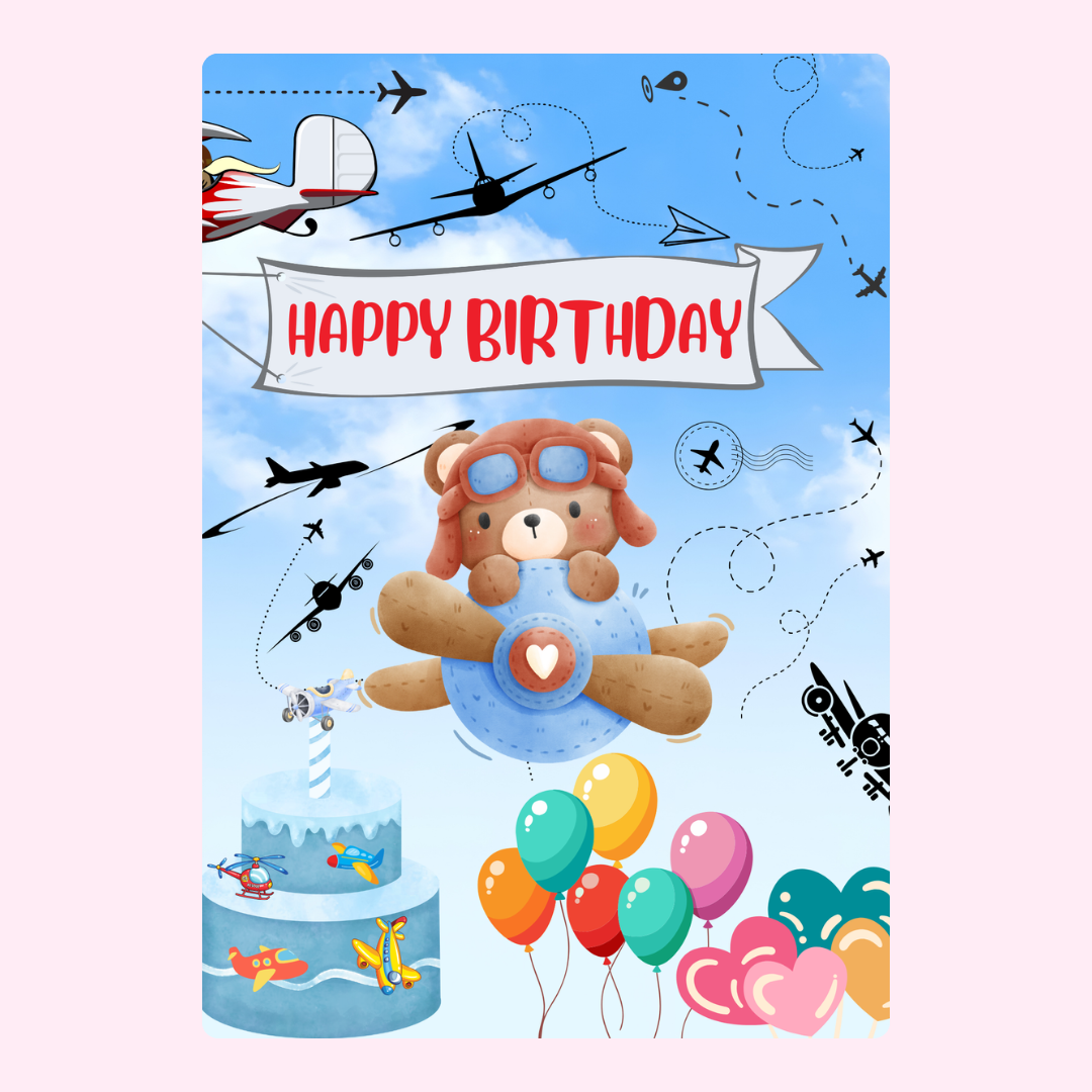 Happy Birthday card with aviator bear, planes, and balloons.