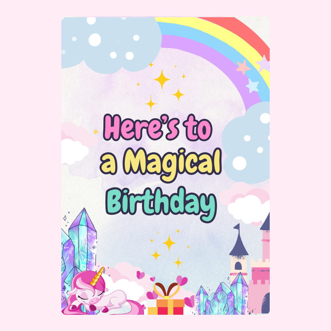 Magical birthday card design with unicorn, rainbow and castle.