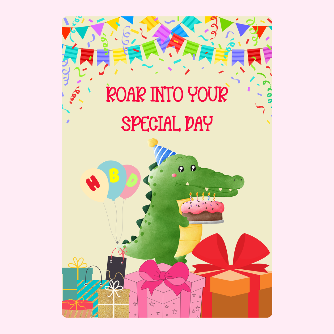 Birthday card with alligator, gifts, and balloons