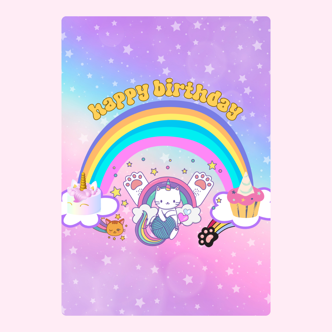 Happy birthday card with rainbow, cat, and cupcake design
