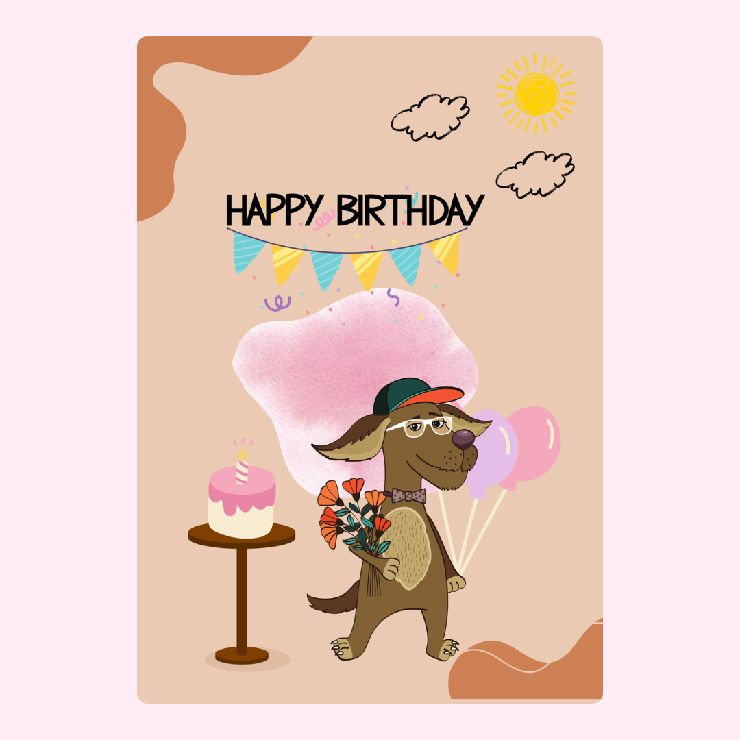 Happy Birthday card with cartoon dog, cake, and balloons.
