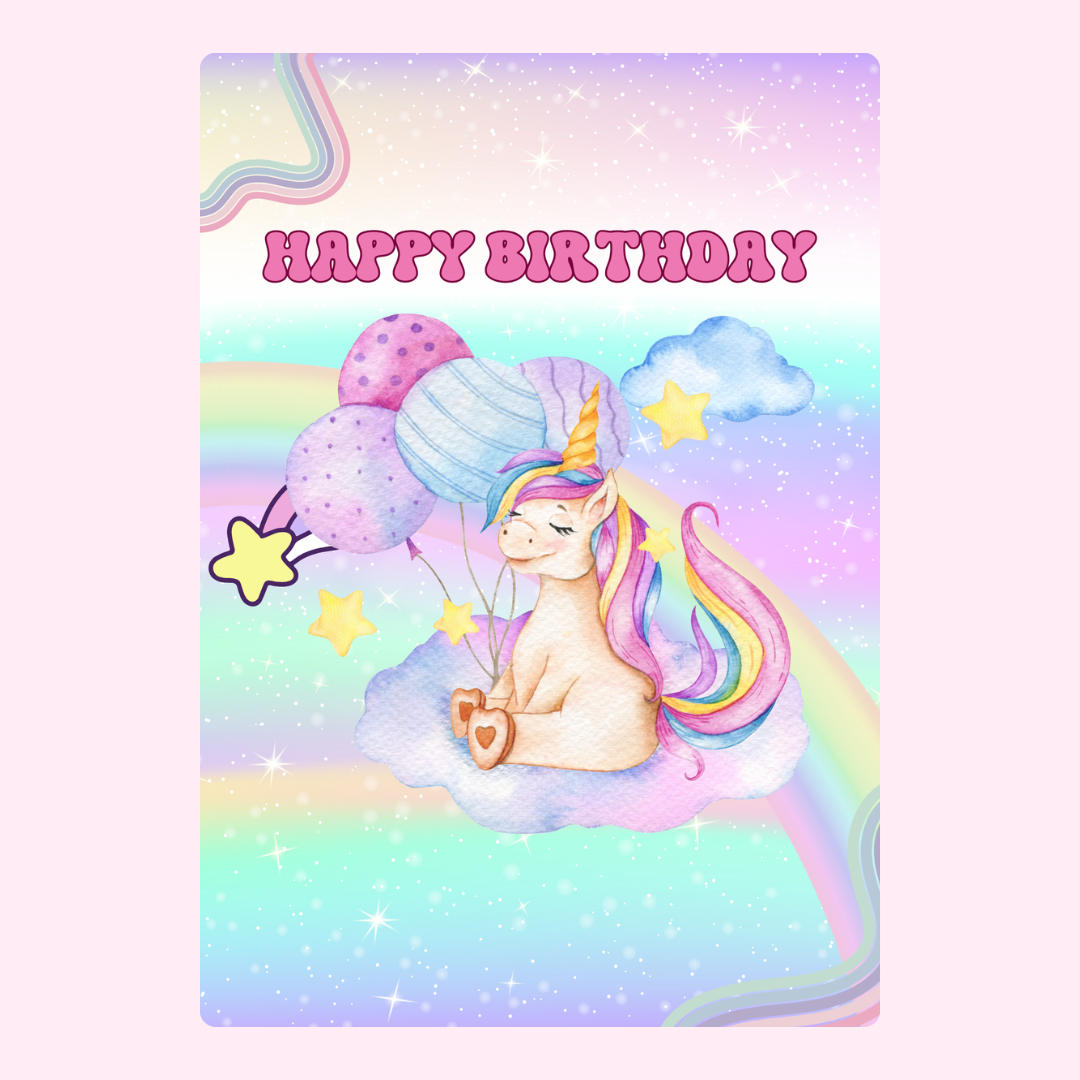 Happy Birthday card with unicorn and balloons