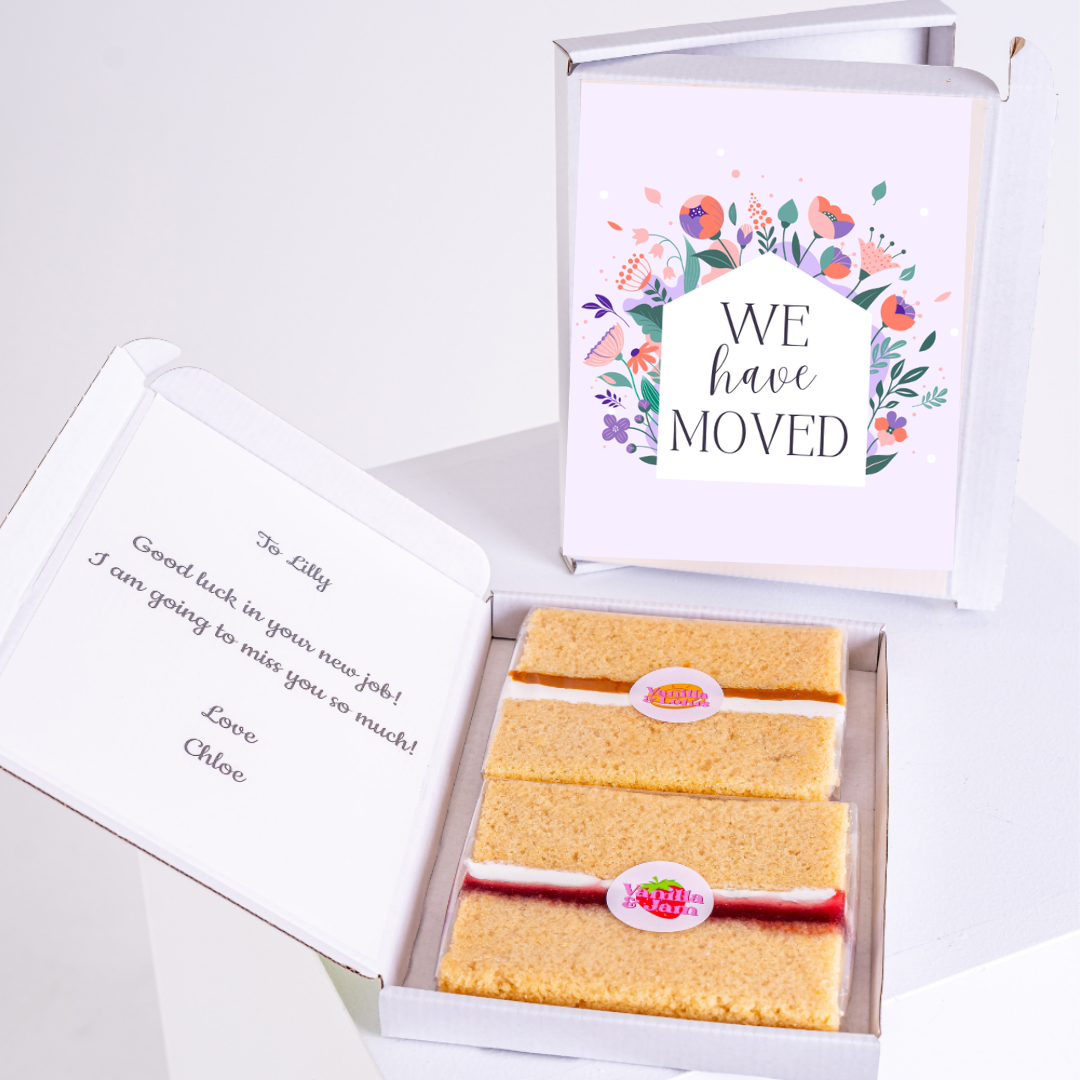 Moving gift box with cake, 'We have Moved' design - sent to Lilly