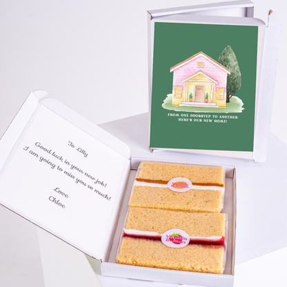 New job gift box with cake and house card