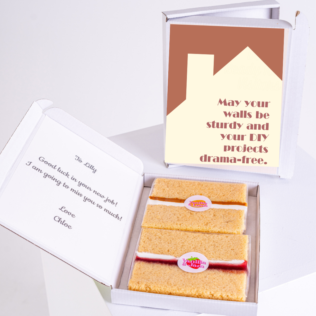 Cake gift box for Lilly's new job with housewarming message