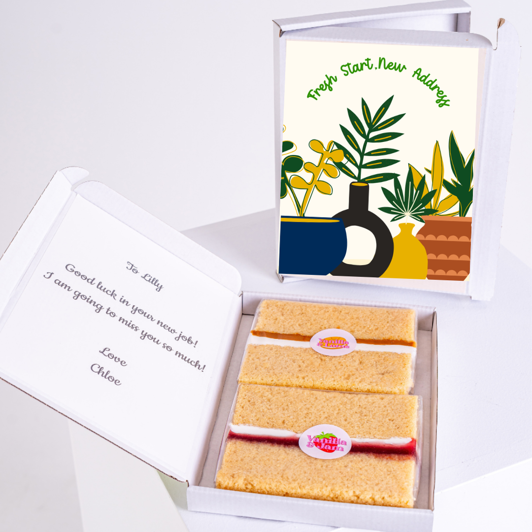 Good luck gift box with cake and Fresh Start card
