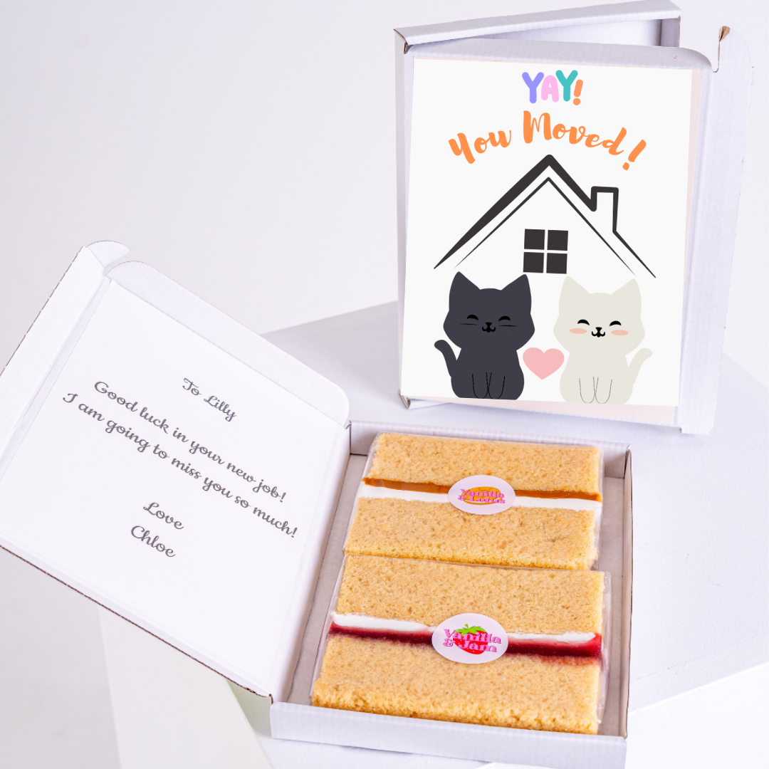 Moving gift box with cake and You Moved card, for Lilly
