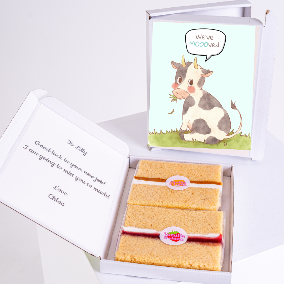 Farewell cake box with We've Moooved card, for Lilly.