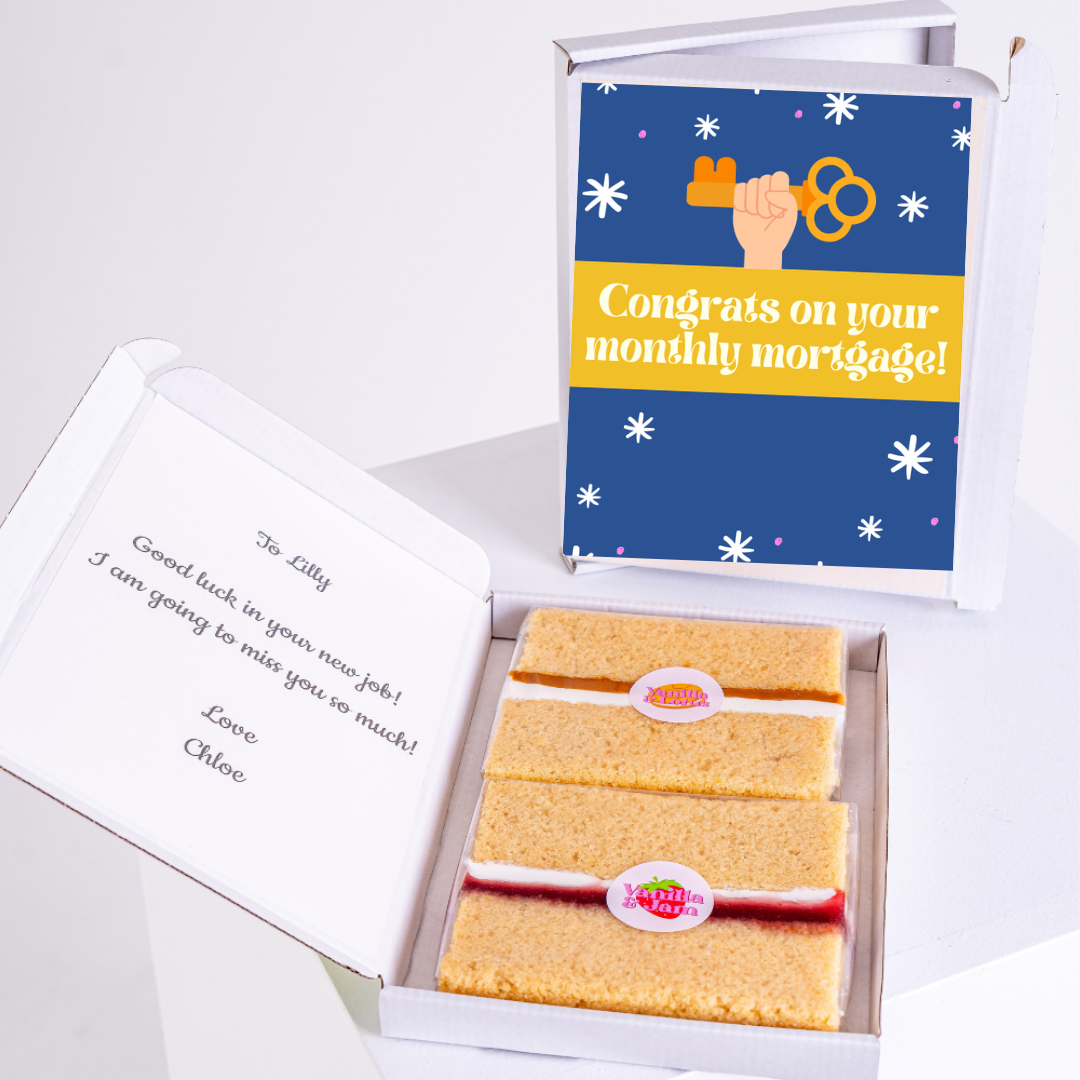 Cake gift box congratulating on monthly mortgage