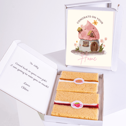 Cake gift box with Congrats on your Home card, farewell message.