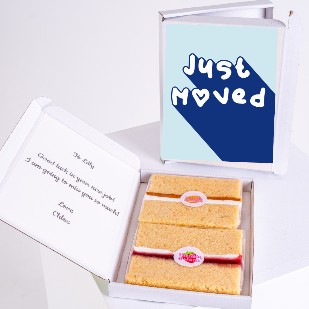 Cake box with Just Moved card, a goodbye gift for Lilly.