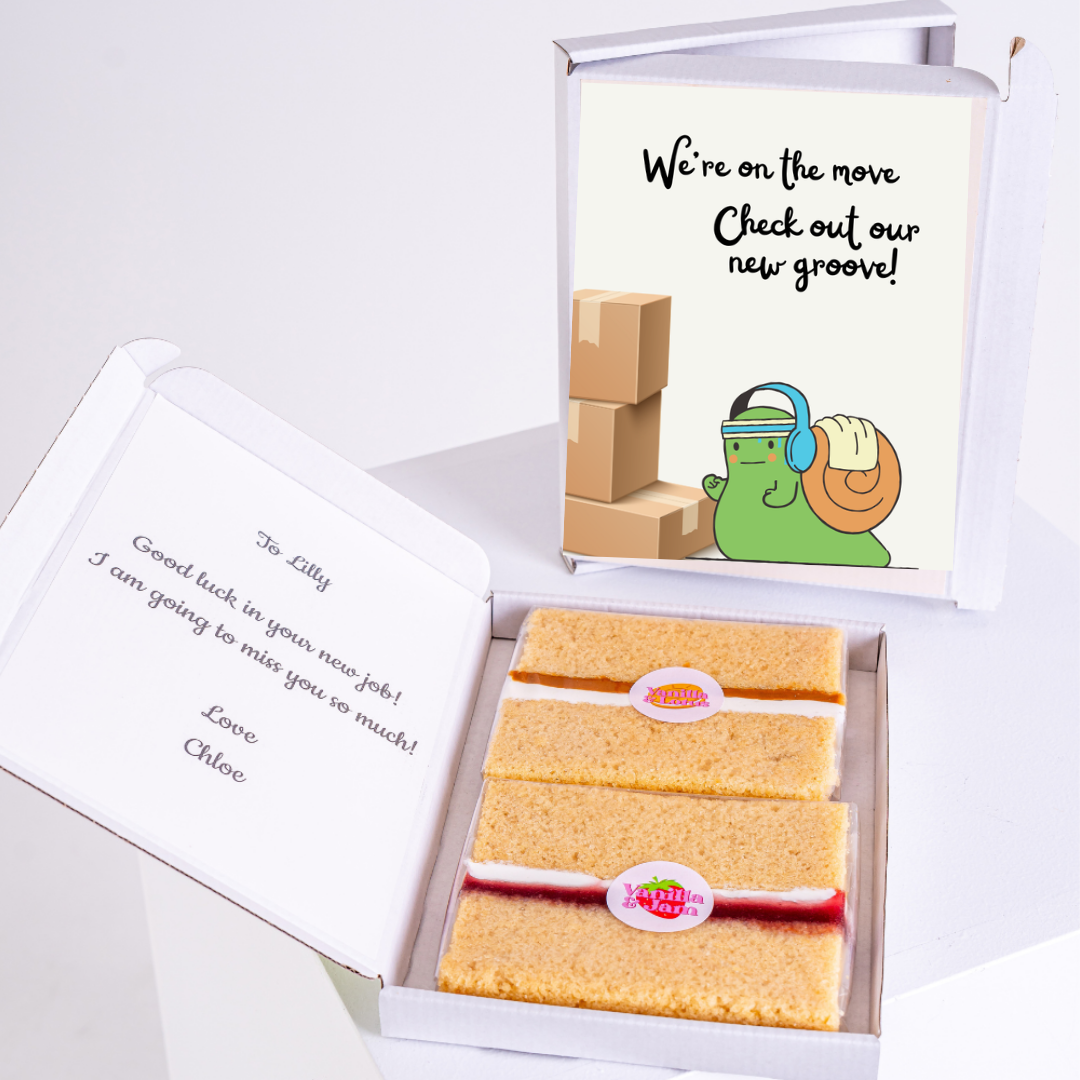 Moving gift box with cake and snail card for Lilly, November 26, 2024.