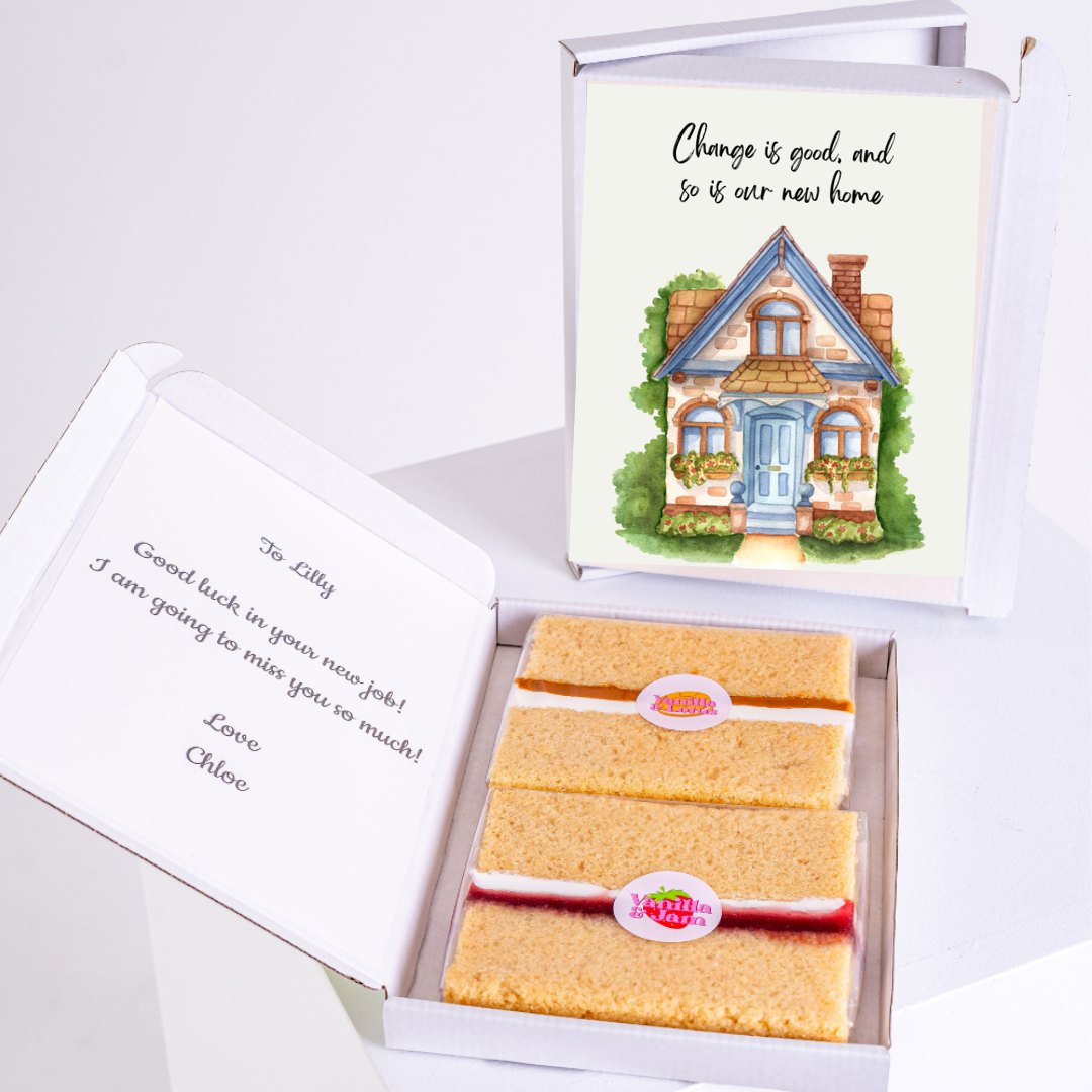 New home gift with cake, goodbye message, and house design.