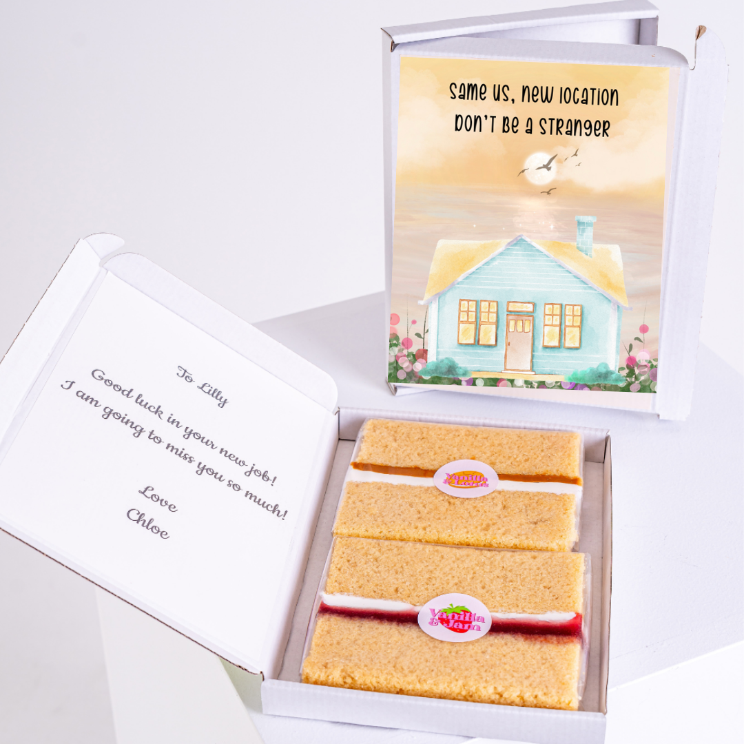 Farewell gift box with cake and Don't be a stranger card.