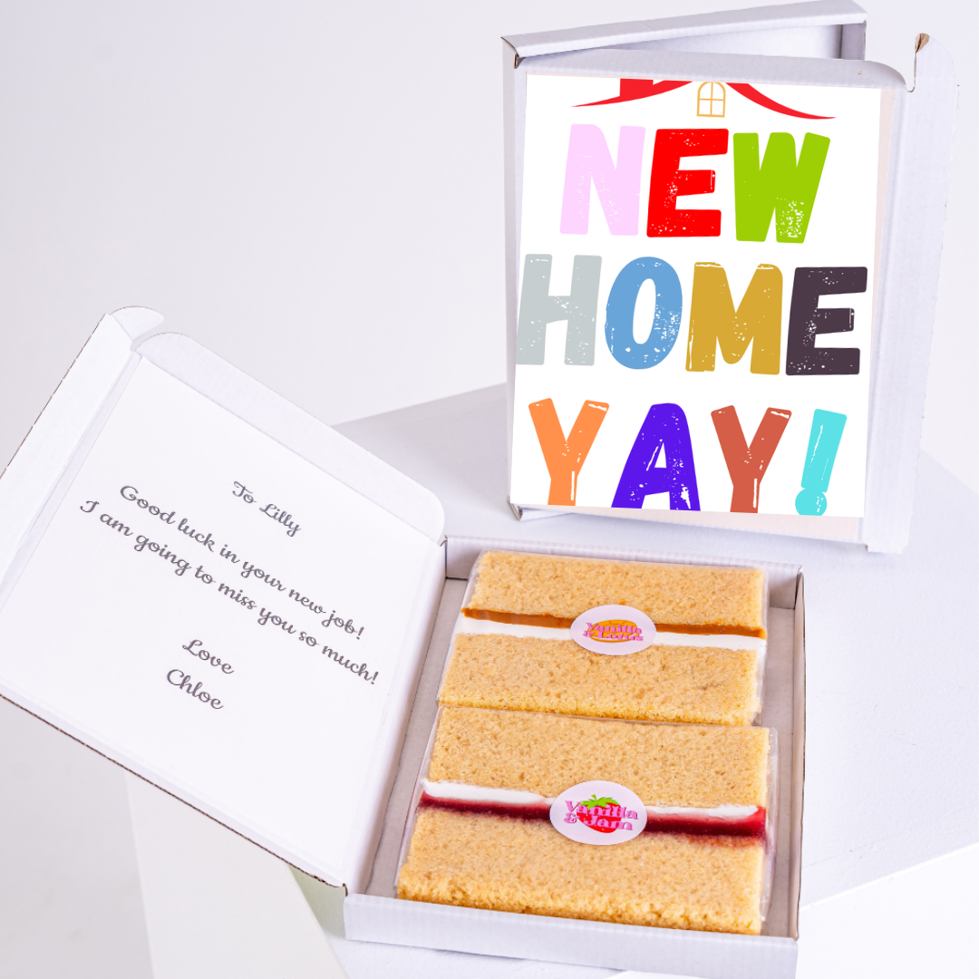 New home gift box with cake and New Home Yay! card.