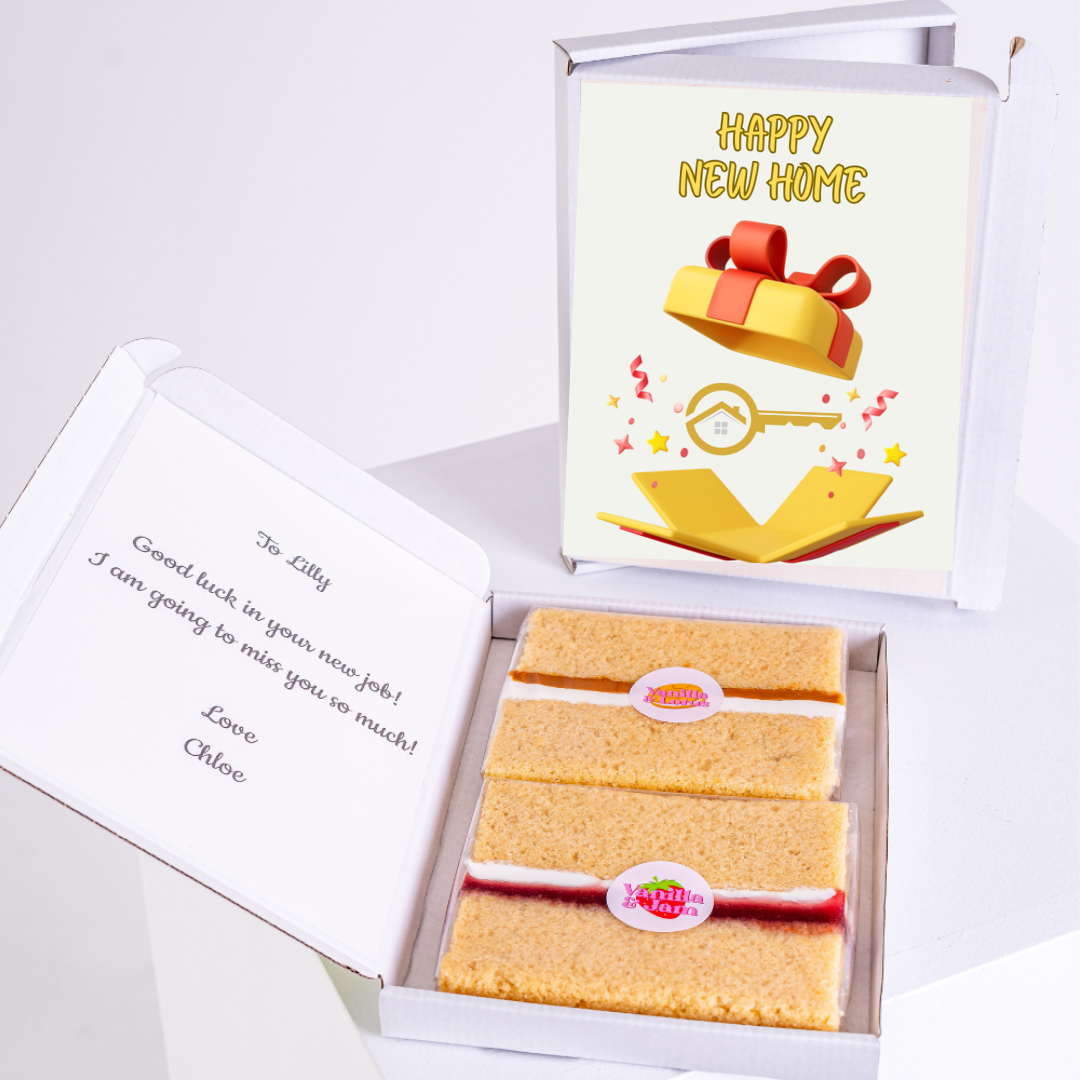 Gift box with cake and Happy New Home card for Lilly.
