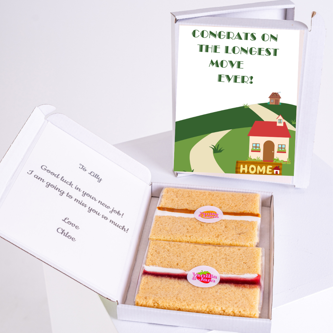 Cake gift box for new job with Congrats on the longest move ever card.