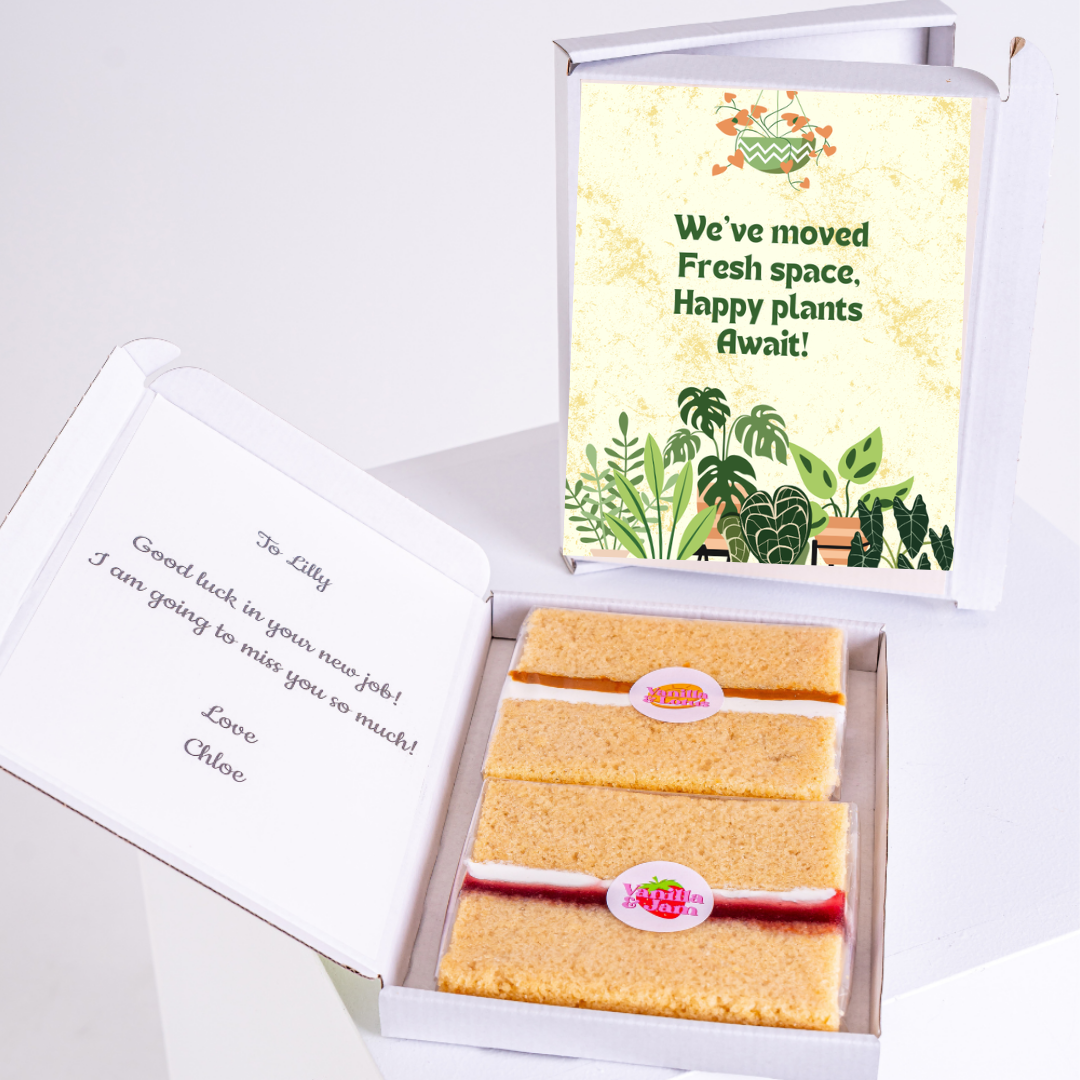 Farewell gift box for Lilly with cake and plant-themed card