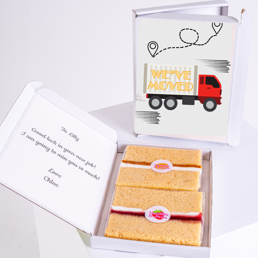 Farewell cake gift box with We've Moved design.