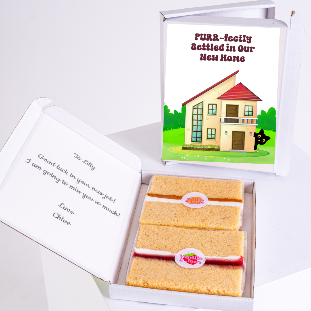 New home gift box with cake and card for Lilly