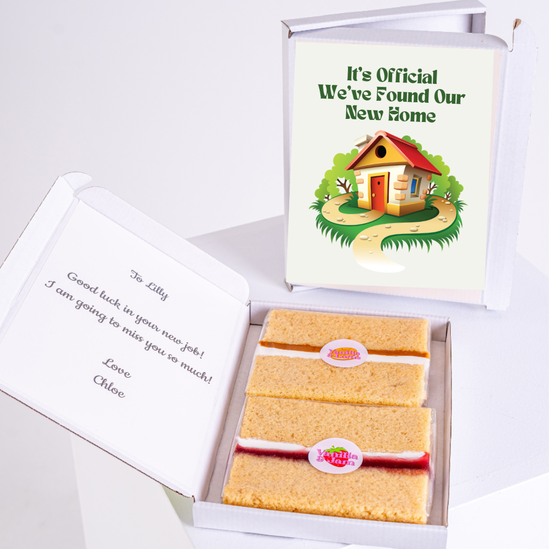 Housewarming cake box with We've Found Our New Home and farewell message.