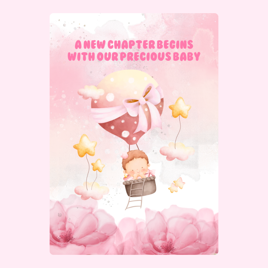 Baby announcement design with hot air balloon and flowers