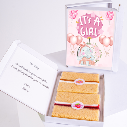 It's a Girl cake box with message for Lilly - November 2024