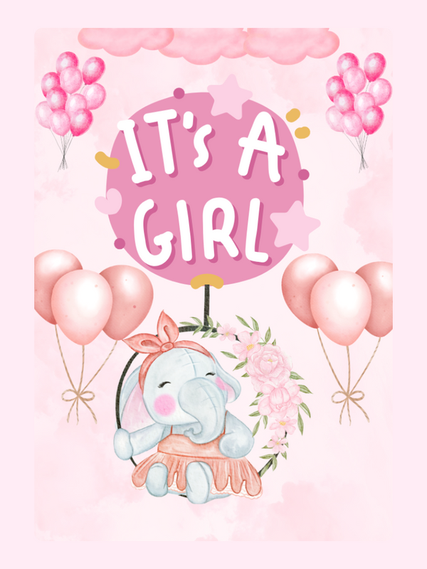 Baby girl announcement with elephant and balloons