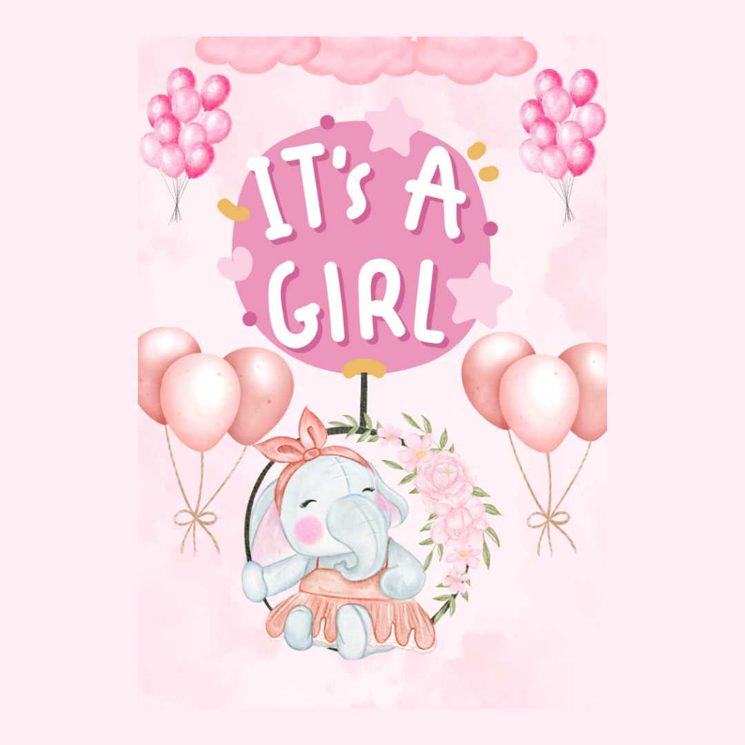 Baby girl announcement with elephant and balloons