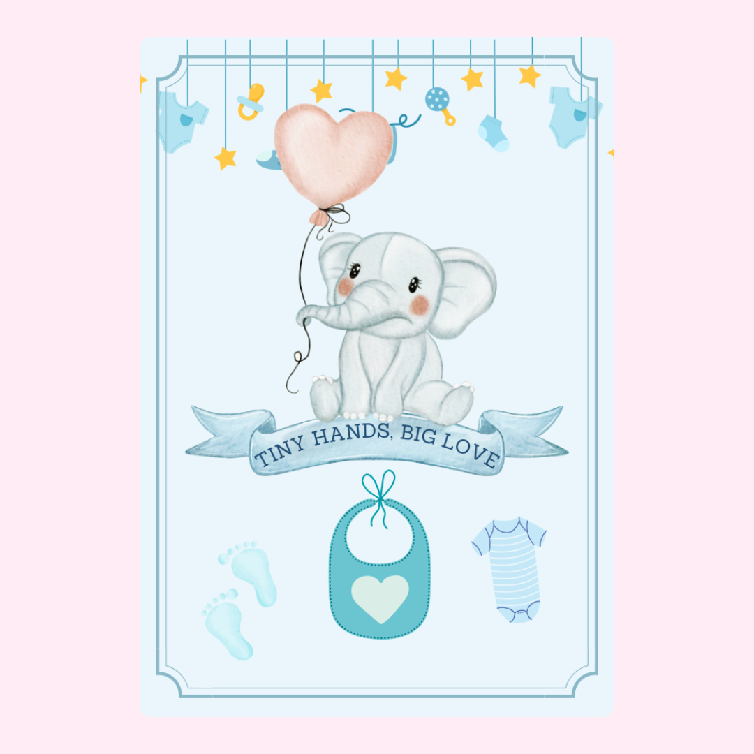 Baby shower card with elephant and heart balloon.