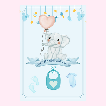 Baby shower card with elephant and heart balloon.