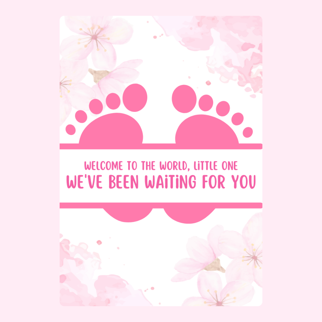 Baby announcement with pink footprints and floral design