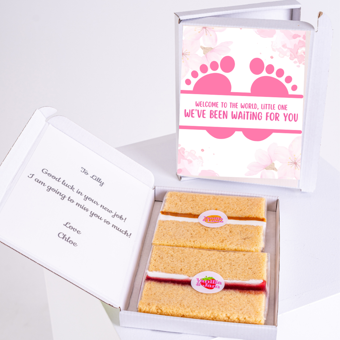 New baby gift box with cake and welcome message, November 2024.