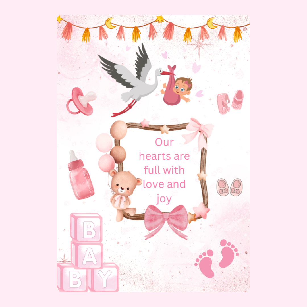 Baby shower design featuring stork, baby, and pink elements.