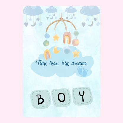 Baby boy announcement with mobile and Tiny toes, big dreams design.