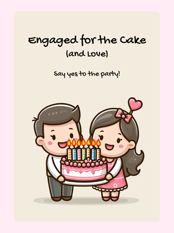 Engagement announcement with cake illustration.