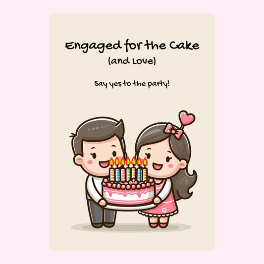 Engagement announcement with cake illustration.
