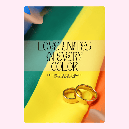 Pride celebration announcement with wedding rings.