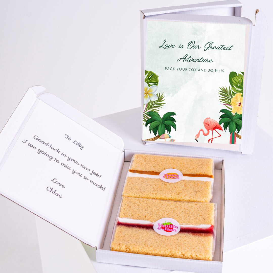 Farewell gift box for Lilly with cake, note, and 'Love is Our Greatest Adventure