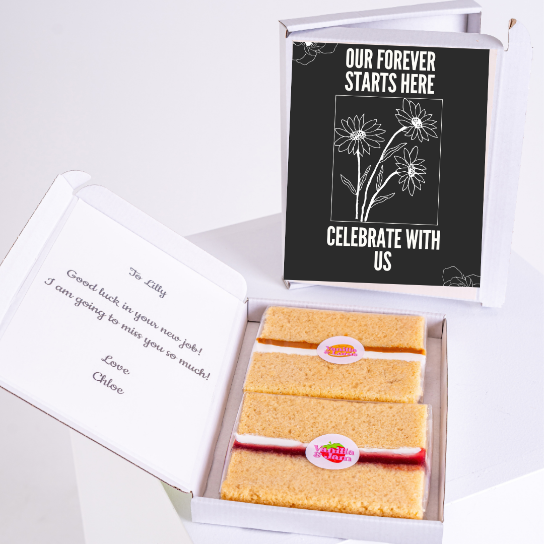 Farewell cake gift box with Our Forever Starts Here message.