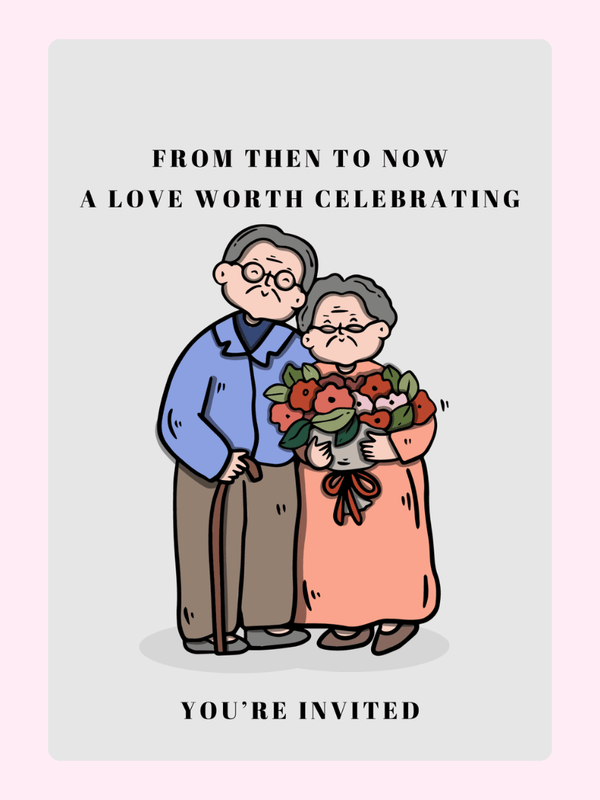 Anniversary card design featuring an elderly couple with flowers, From Then to...