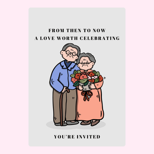Anniversary card design featuring an elderly couple with flowers, From Then to...