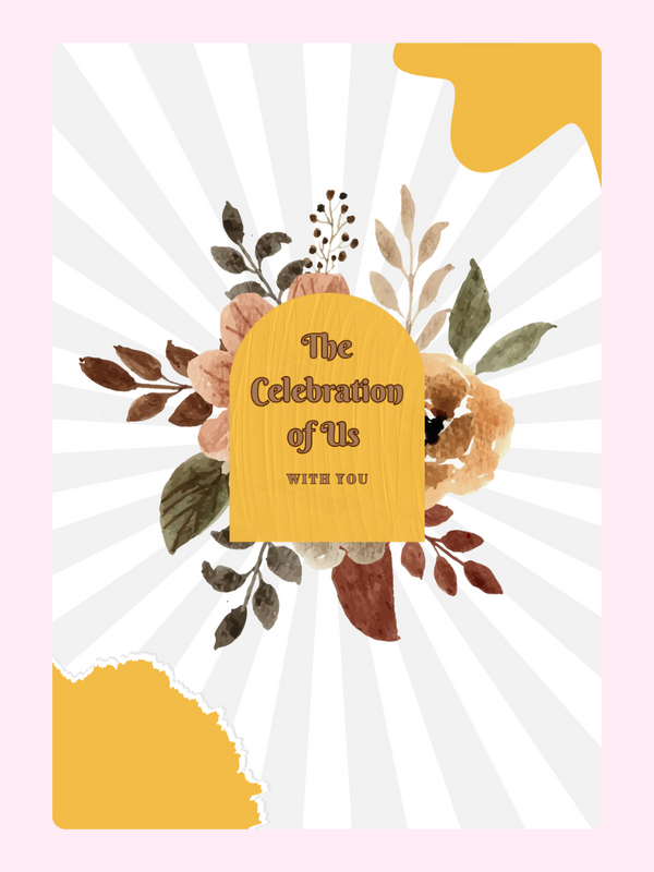 Celebration invitation design featuring flowers and text.