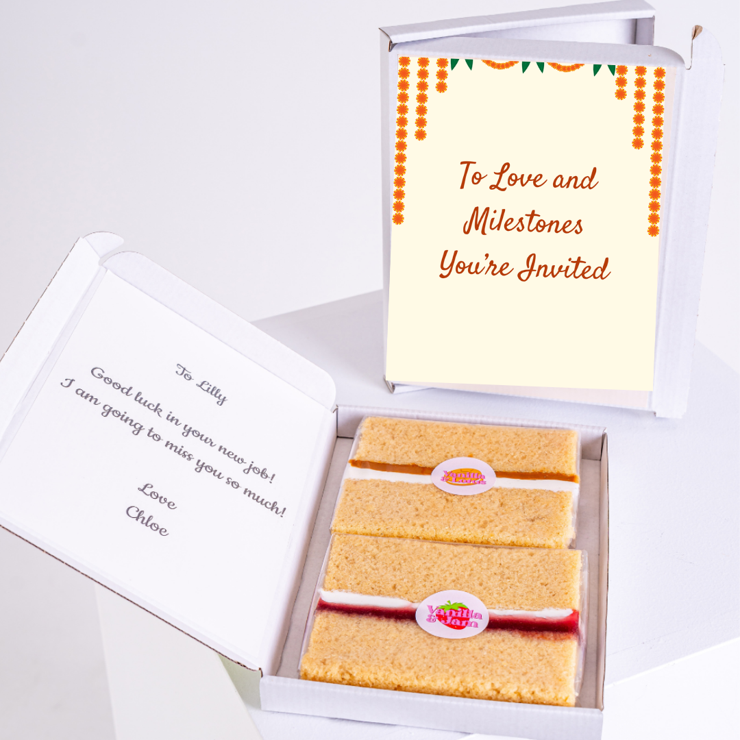 Cake gift box with To Love and Milestones invitation, farewell note.